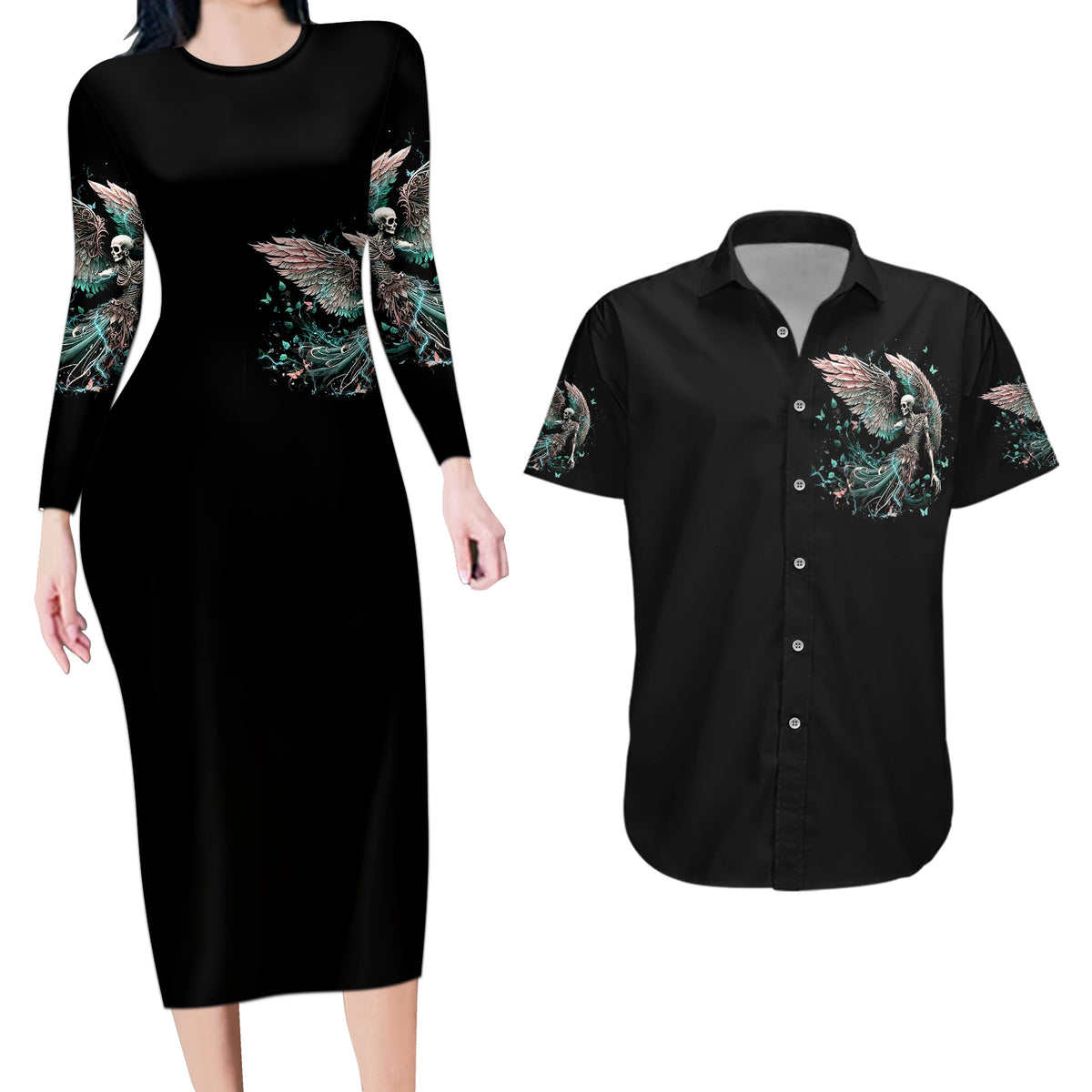 Angel Skull Couples Matching Long Sleeve Bodycon Dress and Hawaiian Shirt She Whispered Back Iam The Storm - Wonder Print Shop