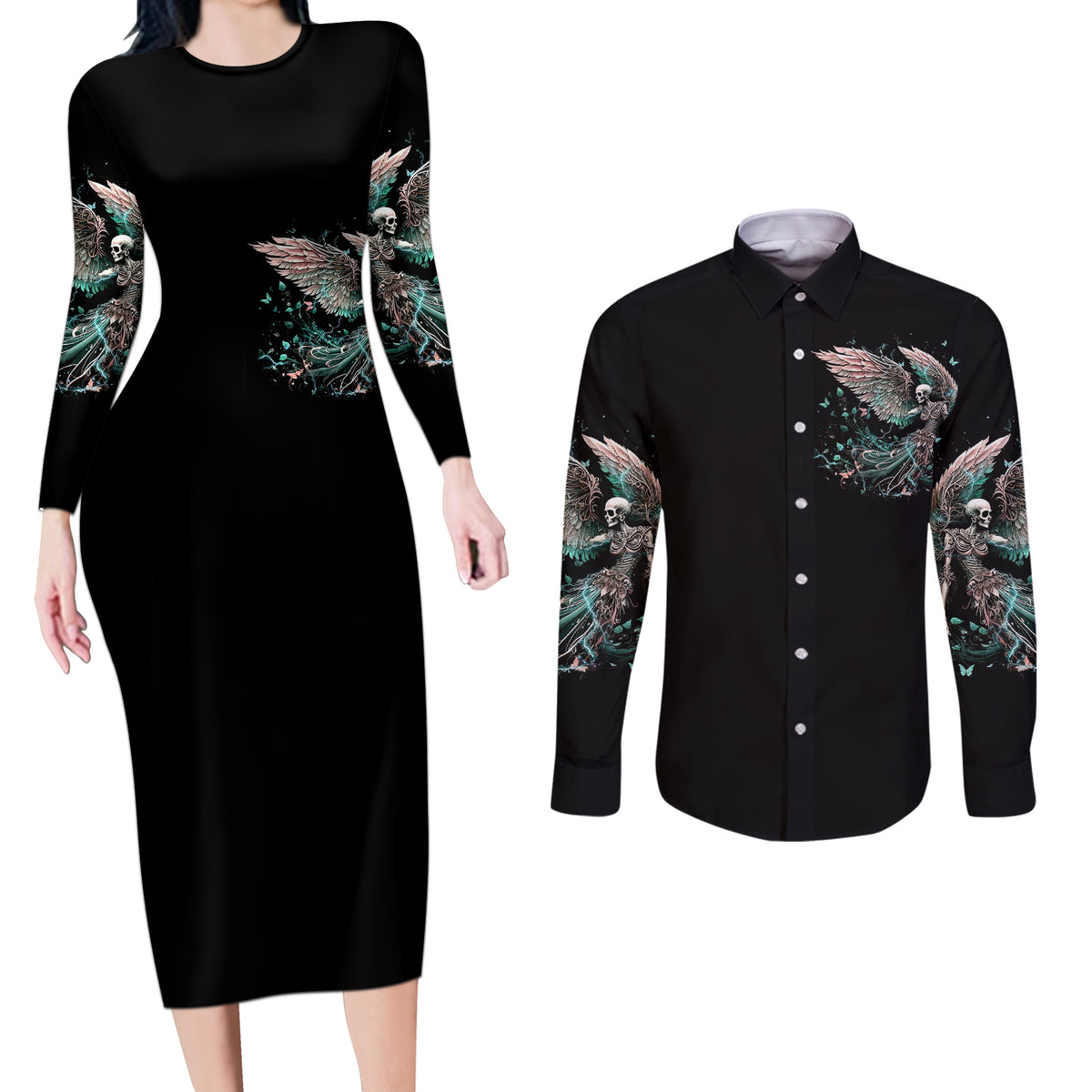 Angel Skull Couples Matching Long Sleeve Bodycon Dress and Long Sleeve Button Shirts She Whispered Back Iam The Storm - Wonder Print Shop