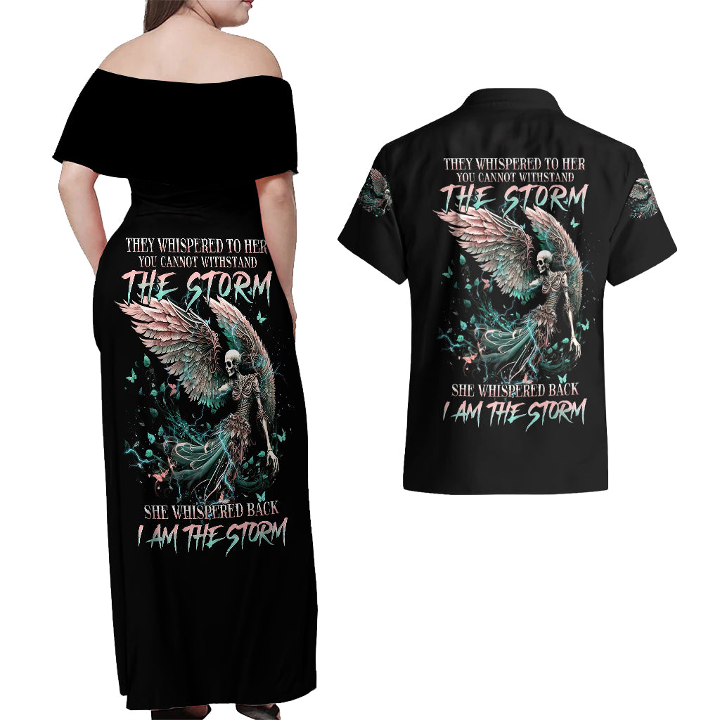 Angel Skull Couples Matching Off Shoulder Maxi Dress and Hawaiian Shirt She Whispered Back Iam The Storm - Wonder Print Shop