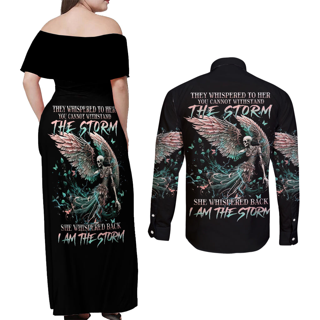 Angel Skull Couples Matching Off Shoulder Maxi Dress and Long Sleeve Button Shirts She Whispered Back Iam The Storm - Wonder Print Shop