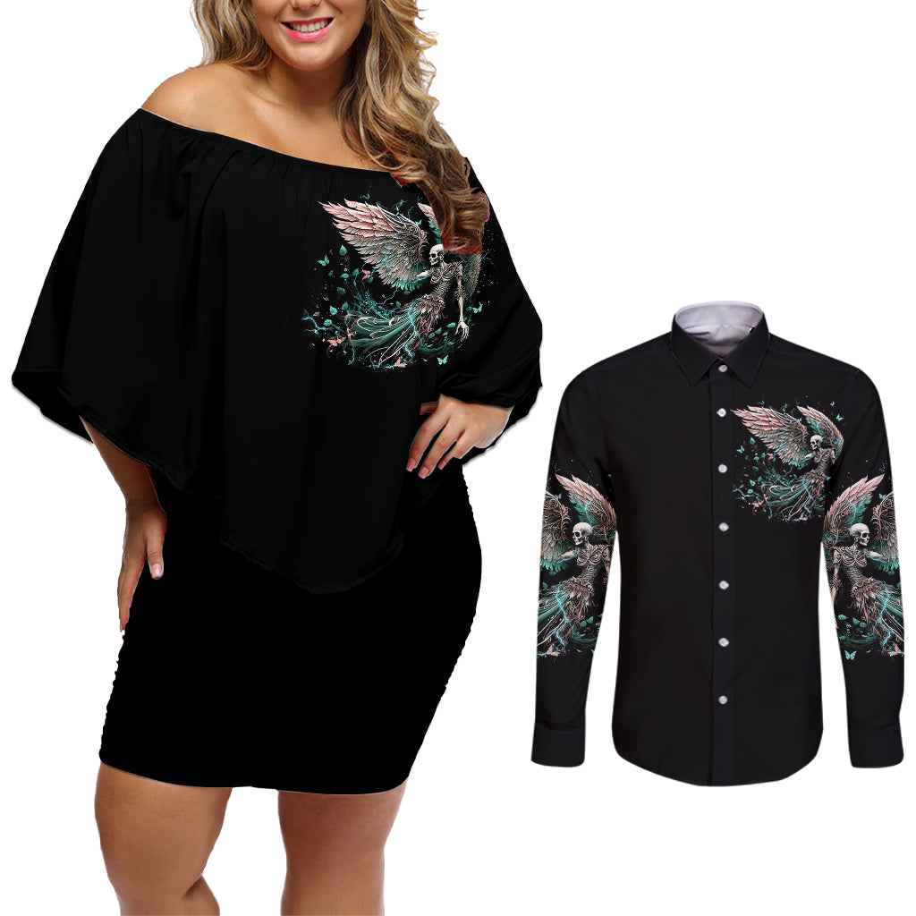 Angel Skull Couples Matching Off Shoulder Short Dress and Long Sleeve Button Shirts She Whispered Back Iam The Storm - Wonder Print Shop
