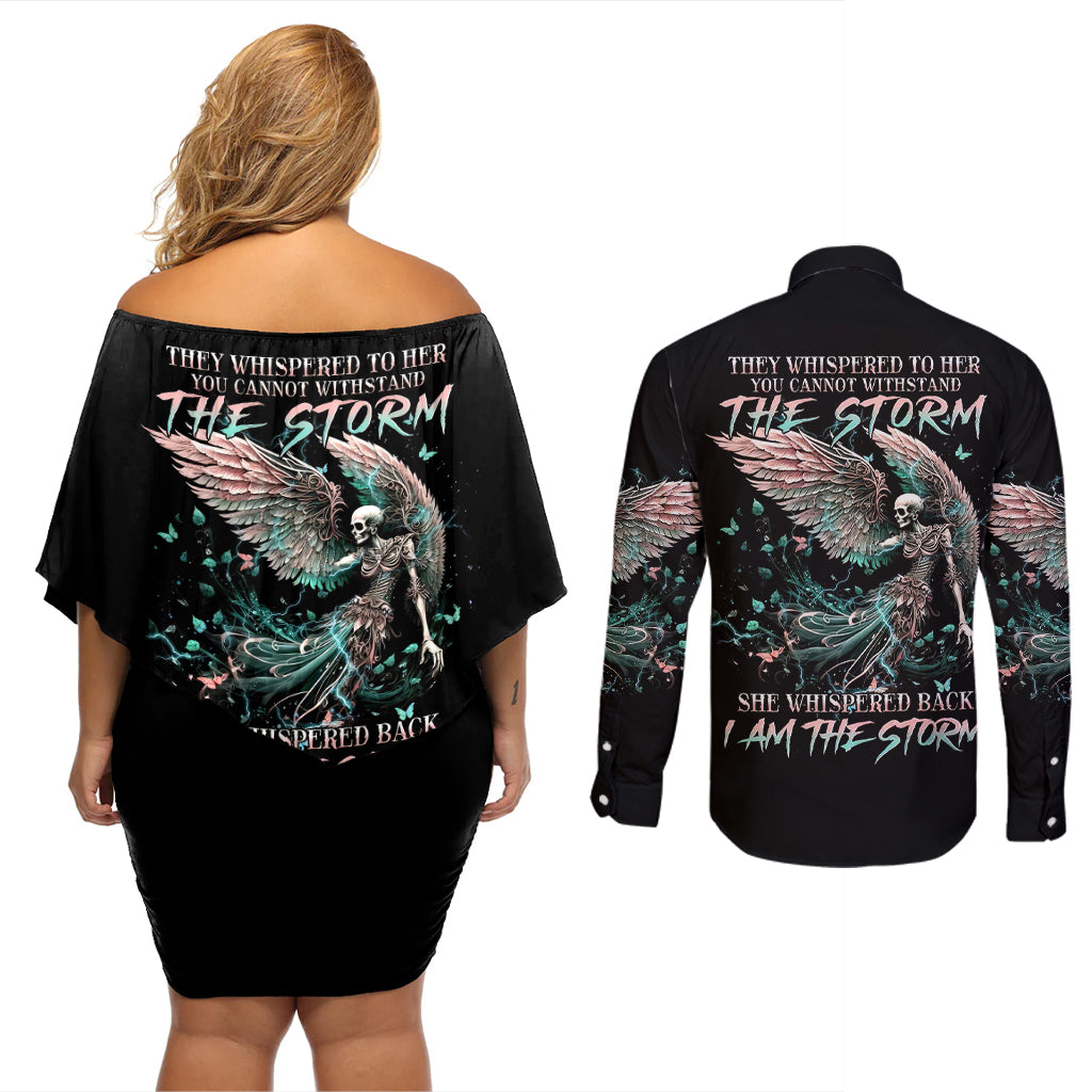 Angel Skull Couples Matching Off Shoulder Short Dress and Long Sleeve Button Shirts She Whispered Back Iam The Storm - Wonder Print Shop