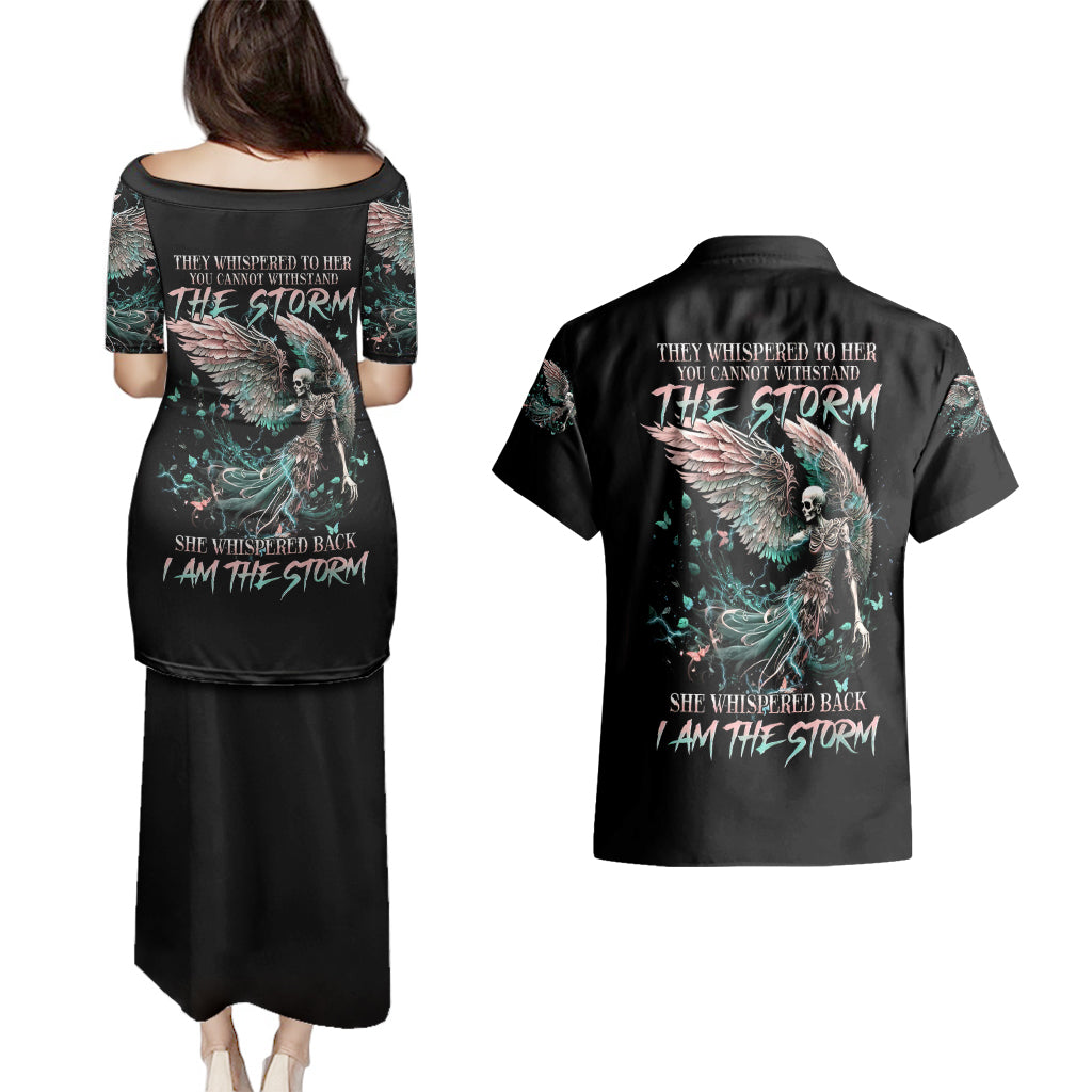 Angel Skull Couples Matching Puletasi Dress and Hawaiian Shirt She Whispered Back Iam The Storm - Wonder Print Shop