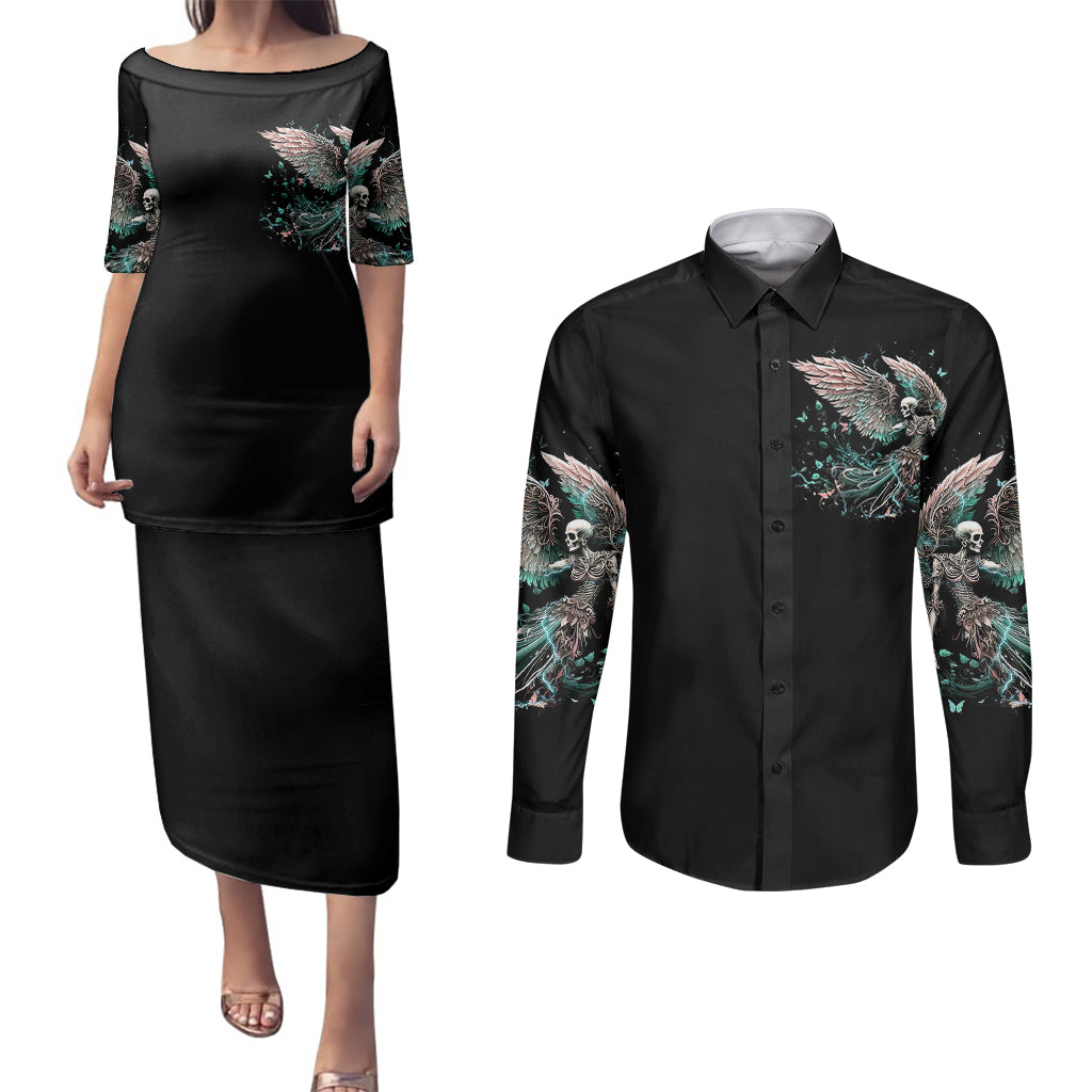 Angel Skull Couples Matching Puletasi Dress and Long Sleeve Button Shirts She Whispered Back Iam The Storm - Wonder Print Shop