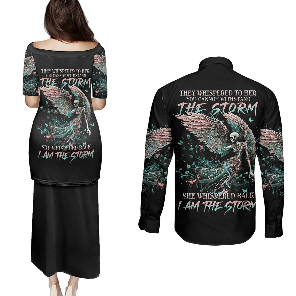 Angel Skull Couples Matching Puletasi Dress and Long Sleeve Button Shirts She Whispered Back Iam The Storm - Wonder Print Shop