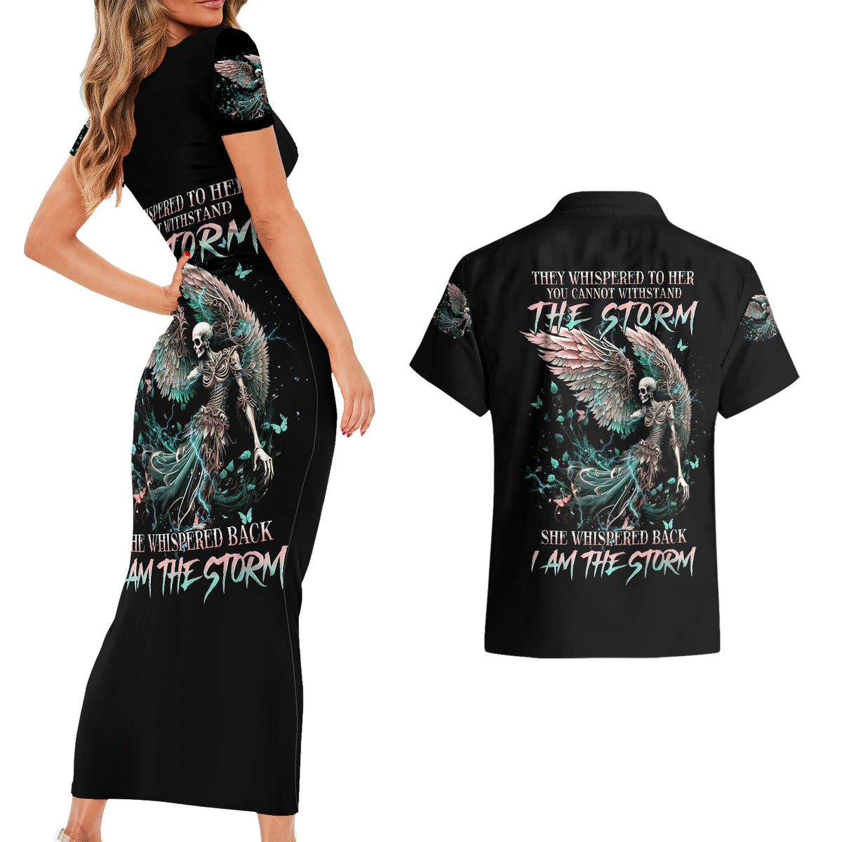 Angel Skull Couples Matching Short Sleeve Bodycon Dress and Hawaiian Shirt She Whispered Back Iam The Storm - Wonder Print Shop