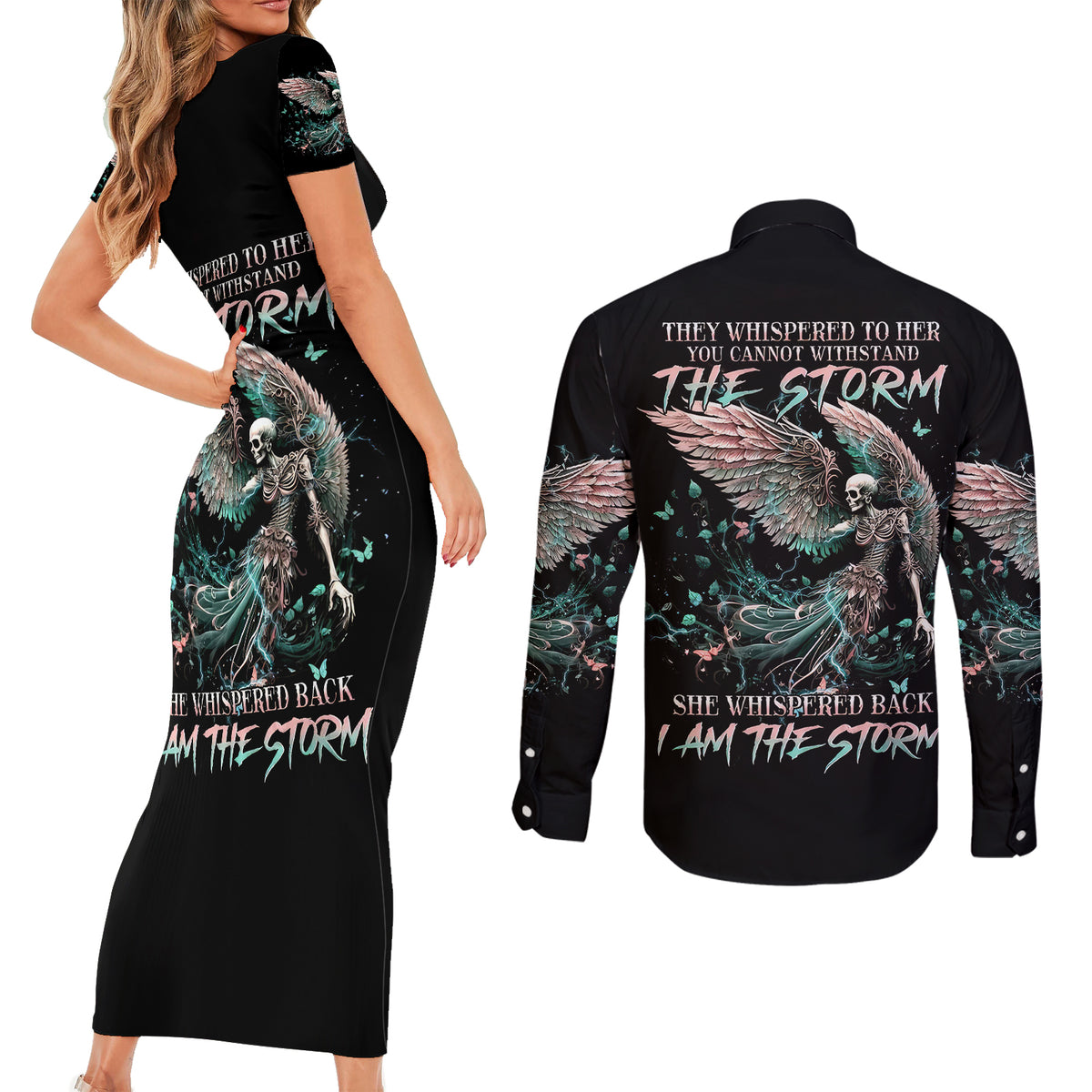 Angel Skull Couples Matching Short Sleeve Bodycon Dress and Long Sleeve Button Shirts She Whispered Back Iam The Storm - Wonder Print Shop
