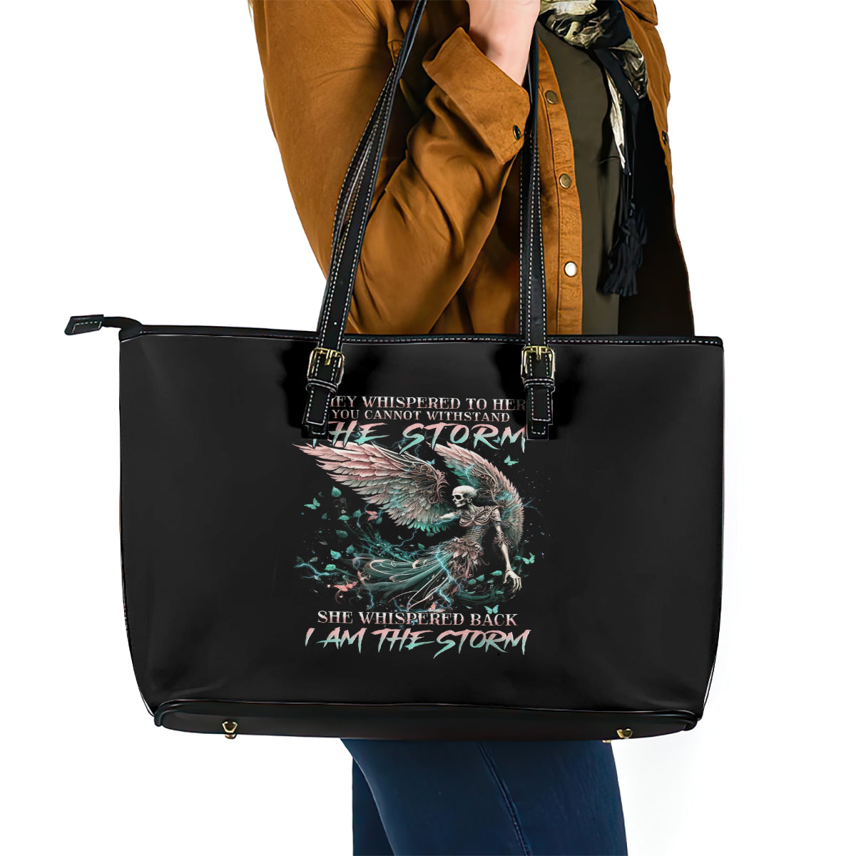 Angel Skull Leather Tote Bag She Whispered Back Iam The Storm - Wonder Print Shop