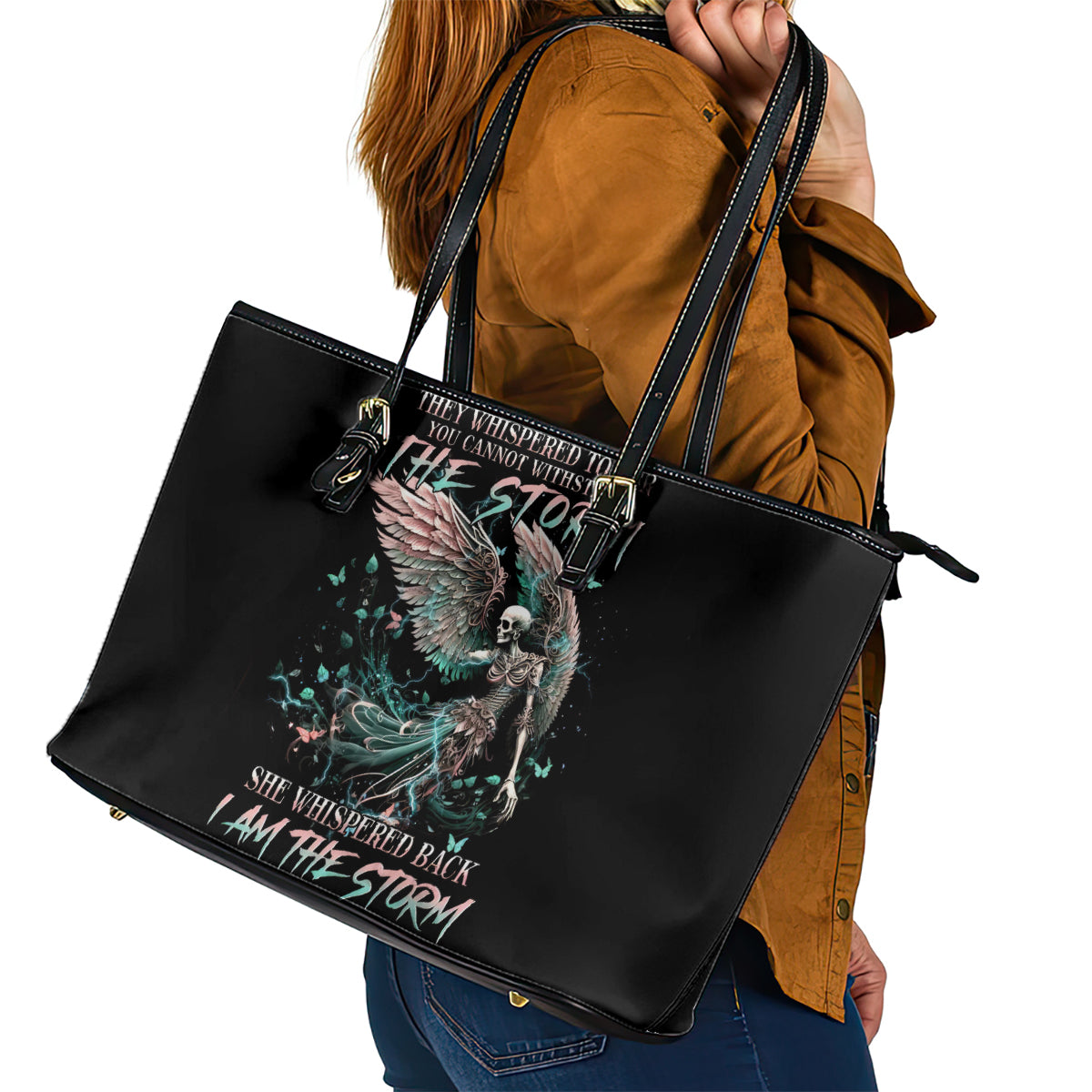 Angel Skull Leather Tote Bag She Whispered Back Iam The Storm - Wonder Print Shop