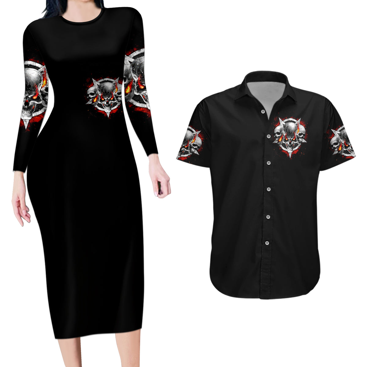 Satan Skull Couples Matching Long Sleeve Bodycon Dress and Hawaiian Shirt Become The Monster And Show Your True Smile - Wonder Print Shop