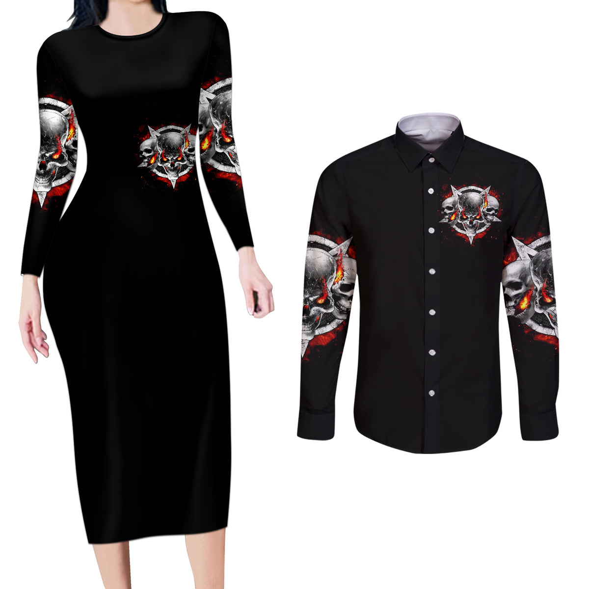 Satan Skull Couples Matching Long Sleeve Bodycon Dress and Long Sleeve Button Shirts Become The Monster And Show Your True Smile - Wonder Print Shop