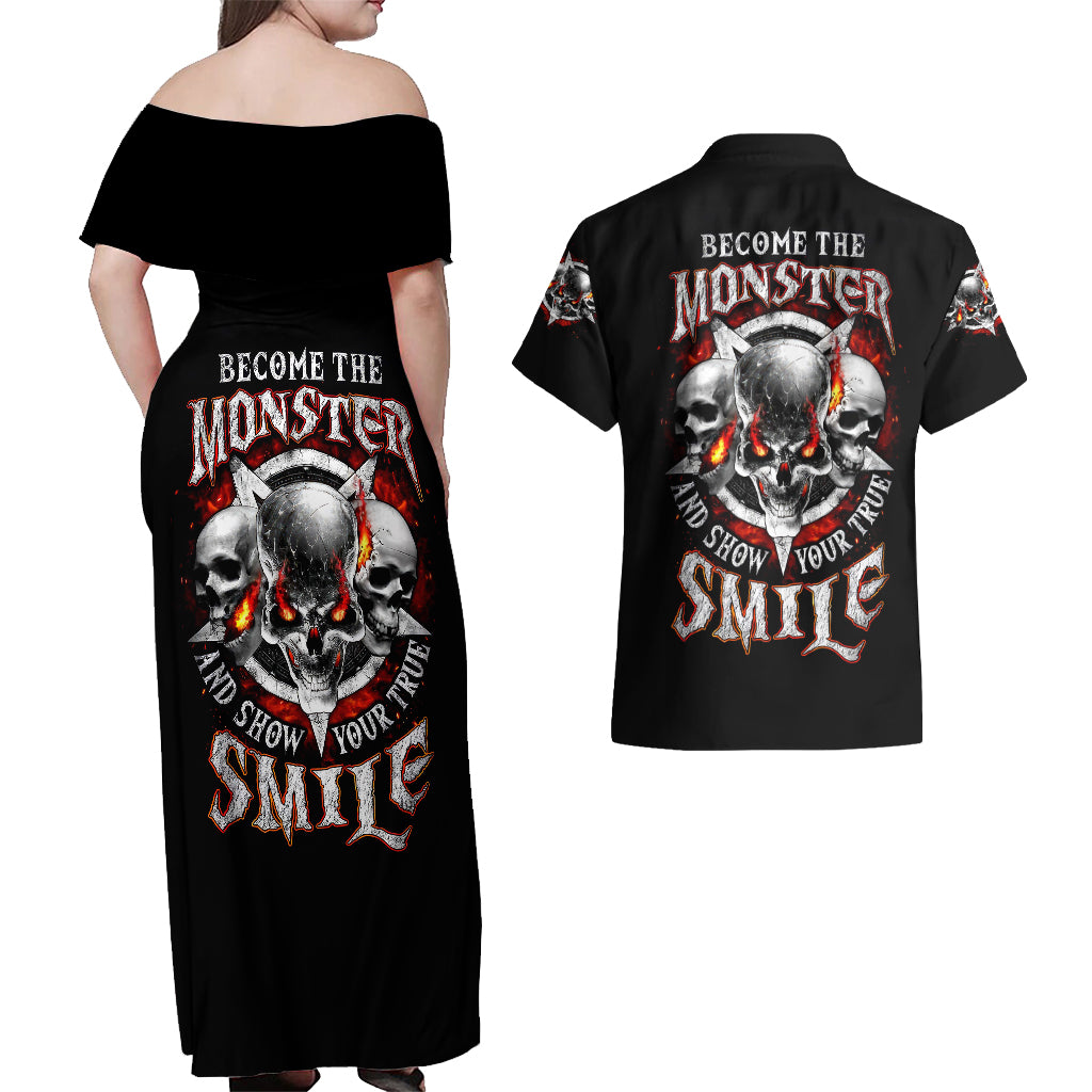 Satan Skull Couples Matching Off Shoulder Maxi Dress and Hawaiian Shirt Become The Monster And Show Your True Smile - Wonder Print Shop
