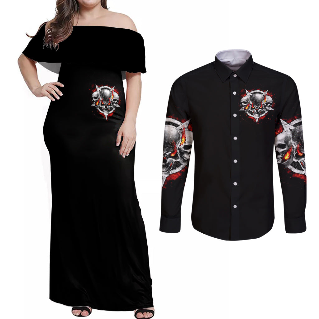 Satan Skull Couples Matching Off Shoulder Maxi Dress and Long Sleeve Button Shirts Become The Monster And Show Your True Smile - Wonder Print Shop