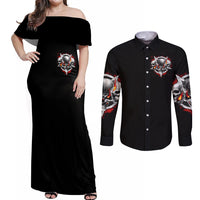 Satan Skull Couples Matching Off Shoulder Maxi Dress and Long Sleeve Button Shirts Become The Monster And Show Your True Smile - Wonder Print Shop