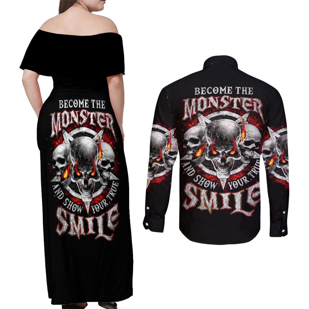 Satan Skull Couples Matching Off Shoulder Maxi Dress and Long Sleeve Button Shirts Become The Monster And Show Your True Smile - Wonder Print Shop