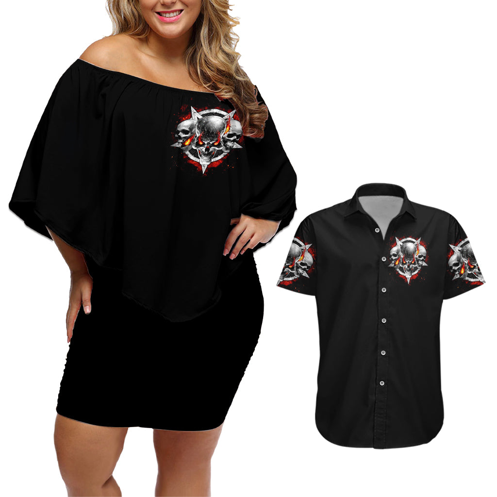 Satan Skull Couples Matching Off Shoulder Short Dress and Hawaiian Shirt Become The Monster And Show Your True Smile - Wonder Print Shop