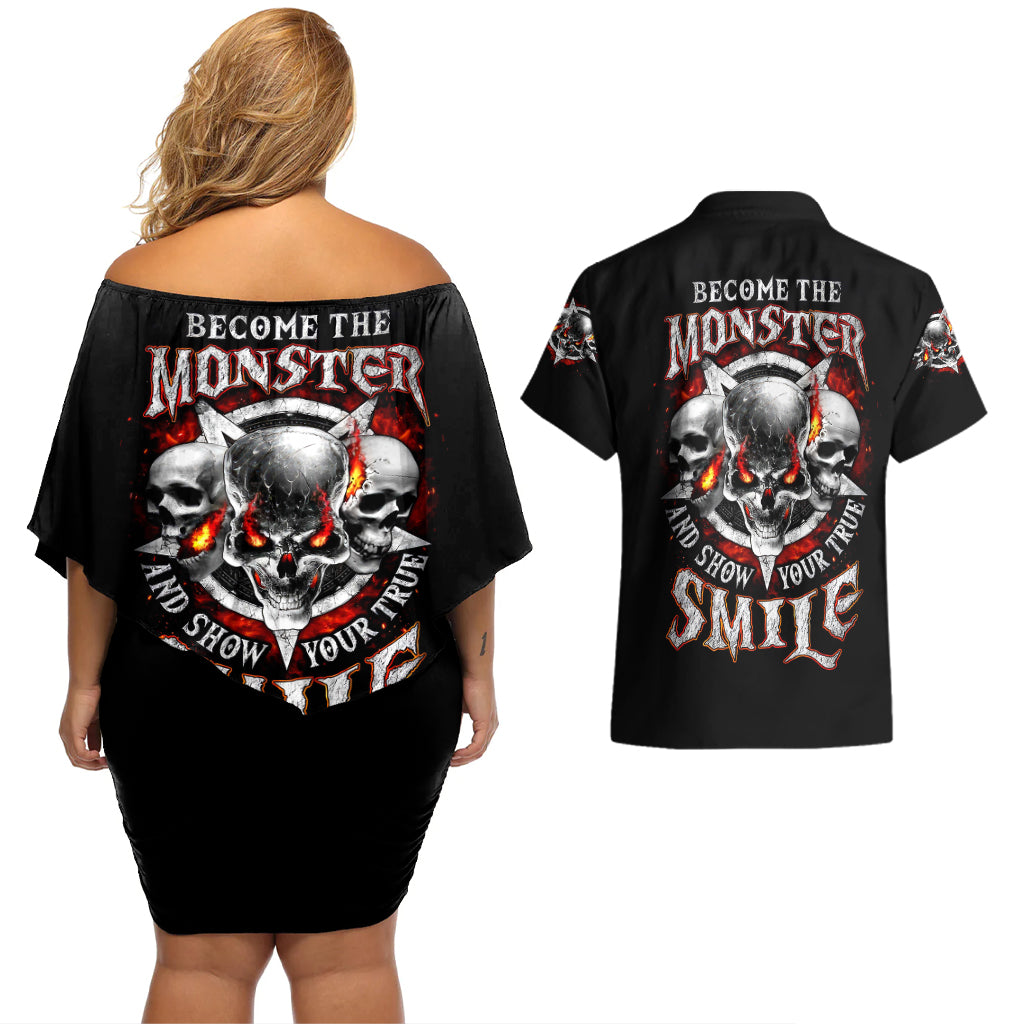 Satan Skull Couples Matching Off Shoulder Short Dress and Hawaiian Shirt Become The Monster And Show Your True Smile - Wonder Print Shop
