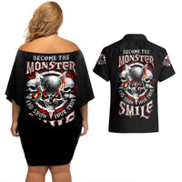 Satan Skull Couples Matching Off Shoulder Short Dress and Hawaiian Shirt Become The Monster And Show Your True Smile - Wonder Print Shop