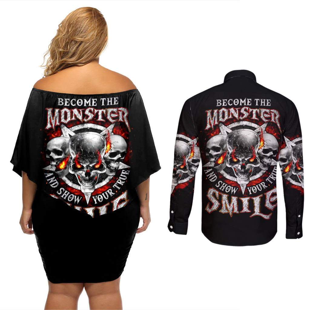 Satan Skull Couples Matching Off Shoulder Short Dress and Long Sleeve Button Shirts Become The Monster And Show Your True Smile - Wonder Print Shop