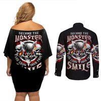 Satan Skull Couples Matching Off Shoulder Short Dress and Long Sleeve Button Shirts Become The Monster And Show Your True Smile - Wonder Print Shop