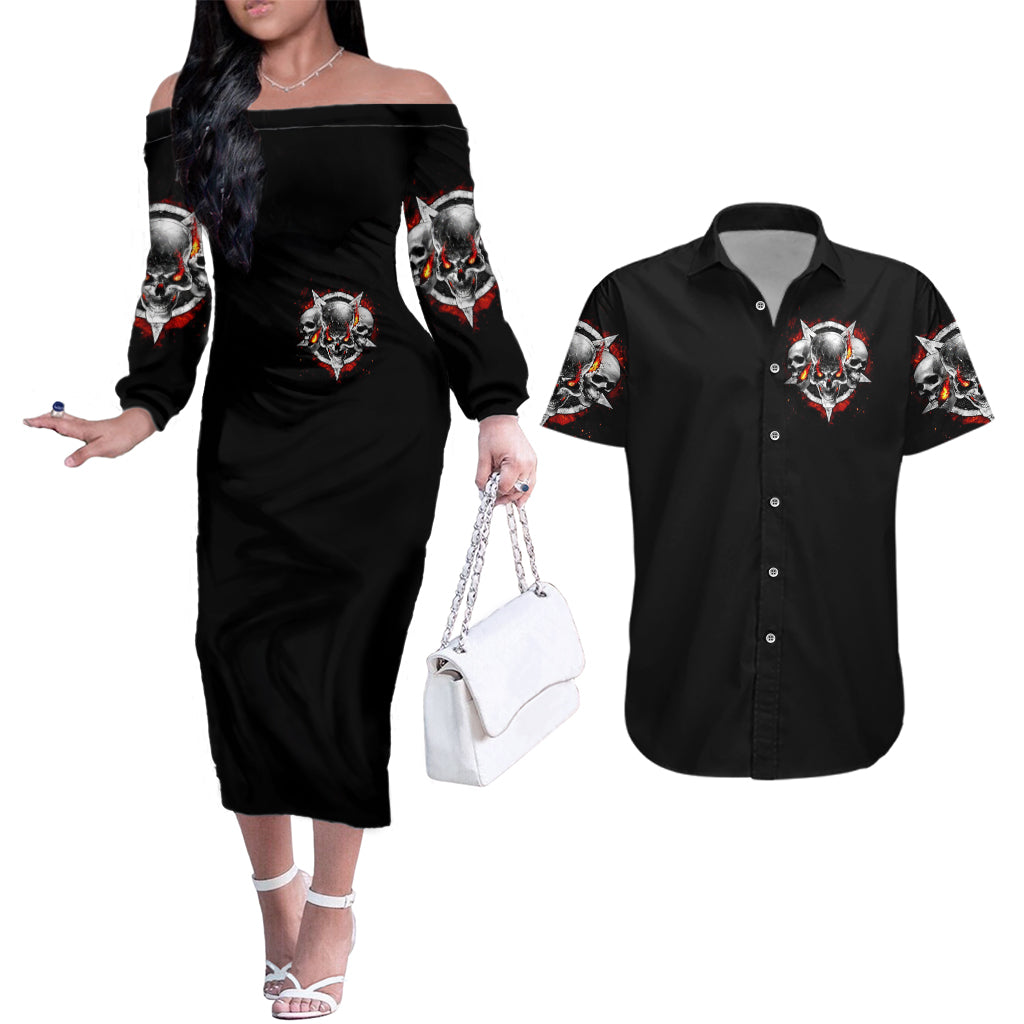Satan Skull Couples Matching Off The Shoulder Long Sleeve Dress and Hawaiian Shirt Become The Monster And Show Your True Smile - Wonder Print Shop