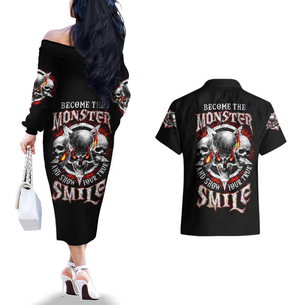 Satan Skull Couples Matching Off The Shoulder Long Sleeve Dress and Hawaiian Shirt Become The Monster And Show Your True Smile - Wonder Print Shop