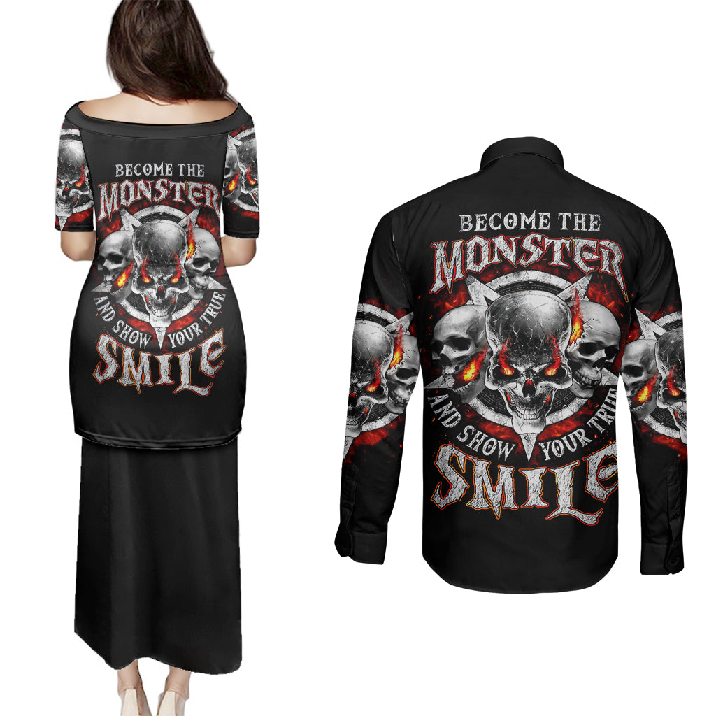 Satan Skull Couples Matching Puletasi Dress and Long Sleeve Button Shirts Become The Monster And Show Your True Smile - Wonder Print Shop