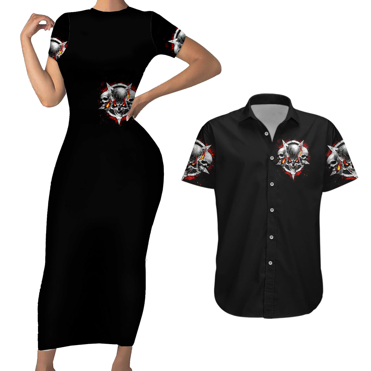 Satan Skull Couples Matching Short Sleeve Bodycon Dress and Hawaiian Shirt Become The Monster And Show Your True Smile - Wonder Print Shop