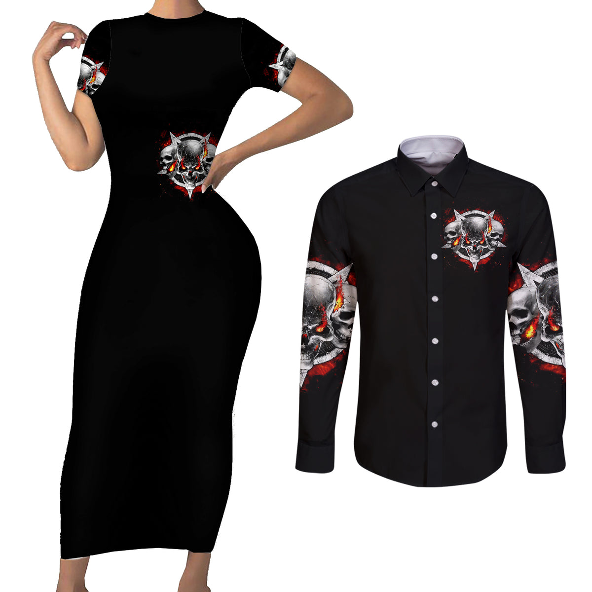 Satan Skull Couples Matching Short Sleeve Bodycon Dress and Long Sleeve Button Shirts Become The Monster And Show Your True Smile - Wonder Print Shop