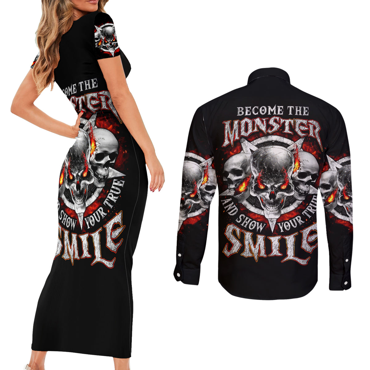 Satan Skull Couples Matching Short Sleeve Bodycon Dress and Long Sleeve Button Shirts Become The Monster And Show Your True Smile - Wonder Print Shop