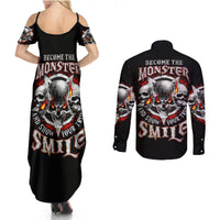 Satan Skull Couples Matching Summer Maxi Dress and Long Sleeve Button Shirts Become The Monster And Show Your True Smile - Wonder Print Shop
