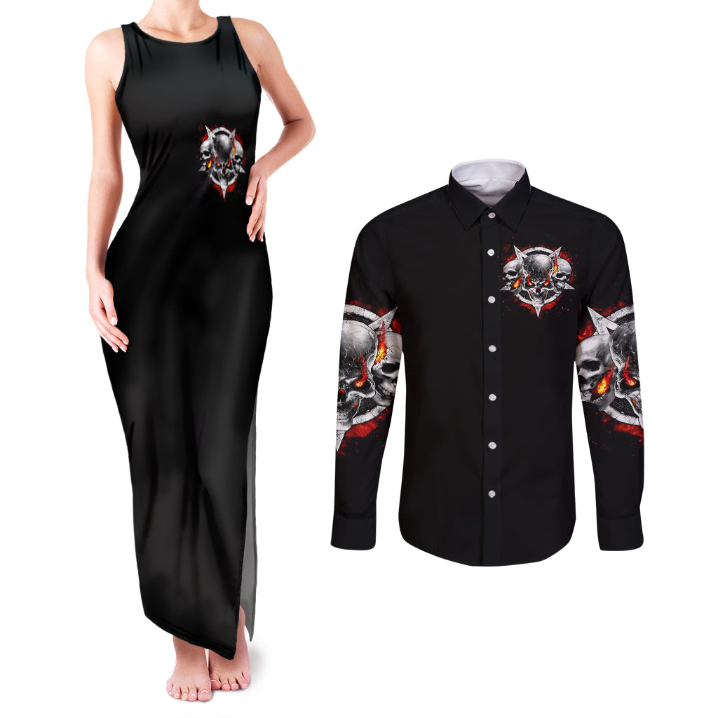 Satan Skull Couples Matching Tank Maxi Dress and Long Sleeve Button Shirts Become The Monster And Show Your True Smile - Wonder Print Shop