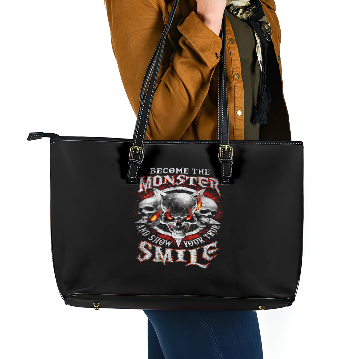 Satan Skull Leather Tote Bag Become The Monster And Show Your True Smile - Wonder Print Shop