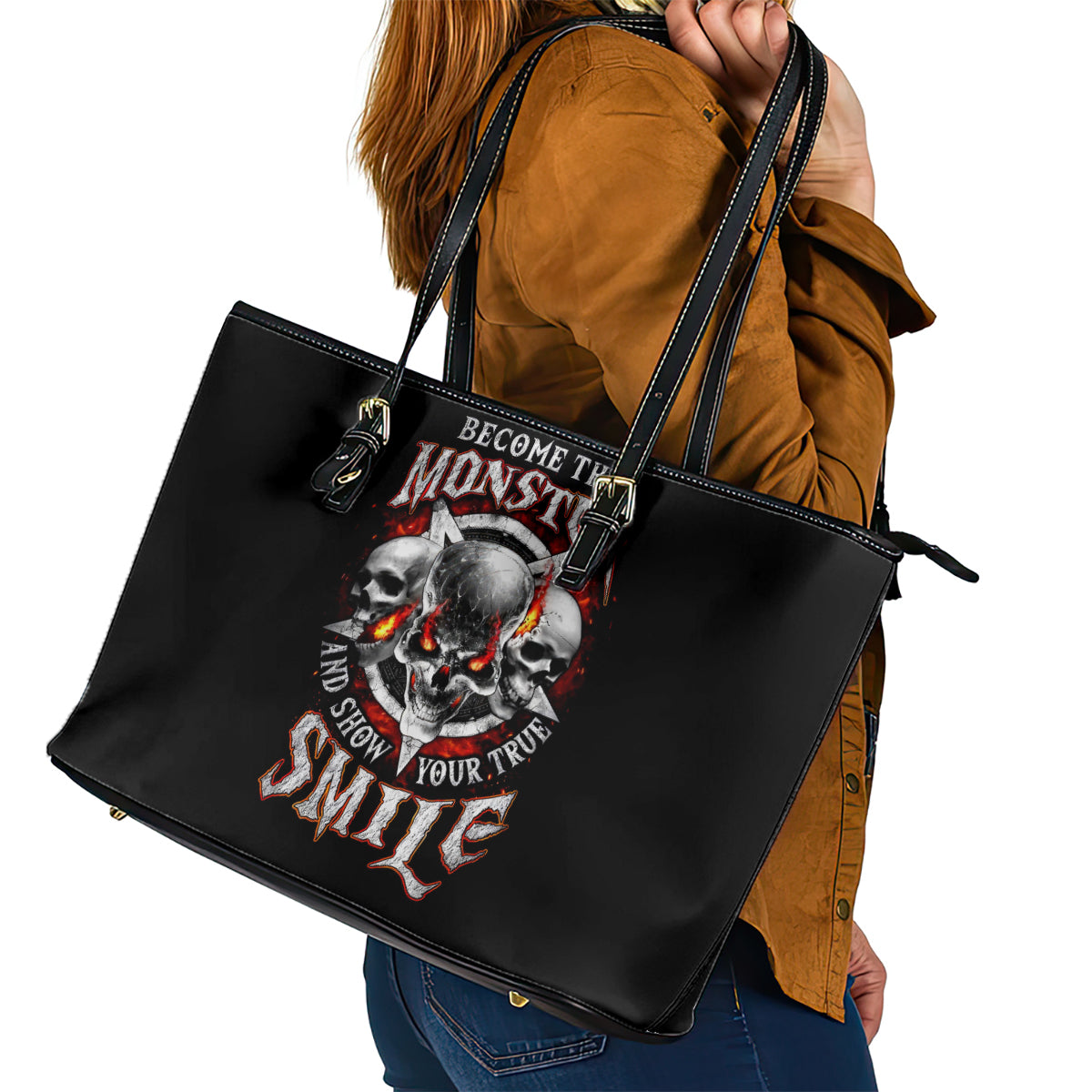 Satan Skull Leather Tote Bag Become The Monster And Show Your True Smile - Wonder Print Shop