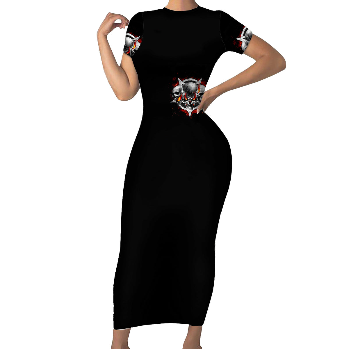 Satan Skull Short Sleeve Bodycon Dress Become The Monster And Show Your True Smile - Wonder Print Shop