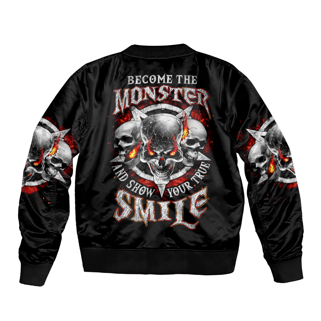 Satan Skull Sleeve Zip Bomber Jacket Become The Monster And Show Your True Smile - Wonder Print Shop