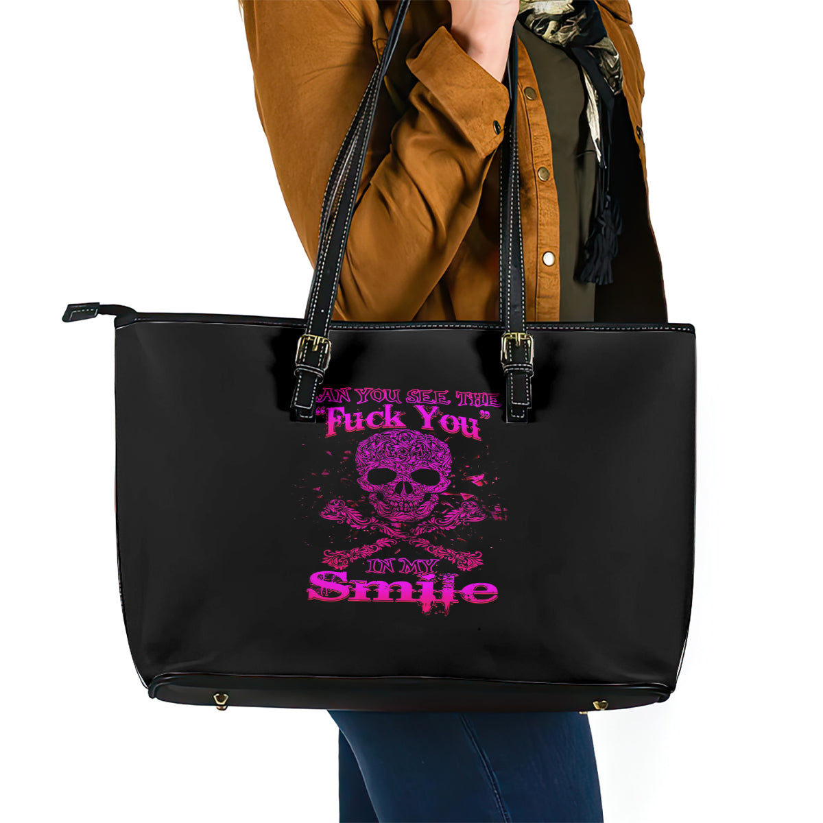 Flower Skull Leather Tote Bag Can You See The Fuck You In My Smile - Wonder Print Shop