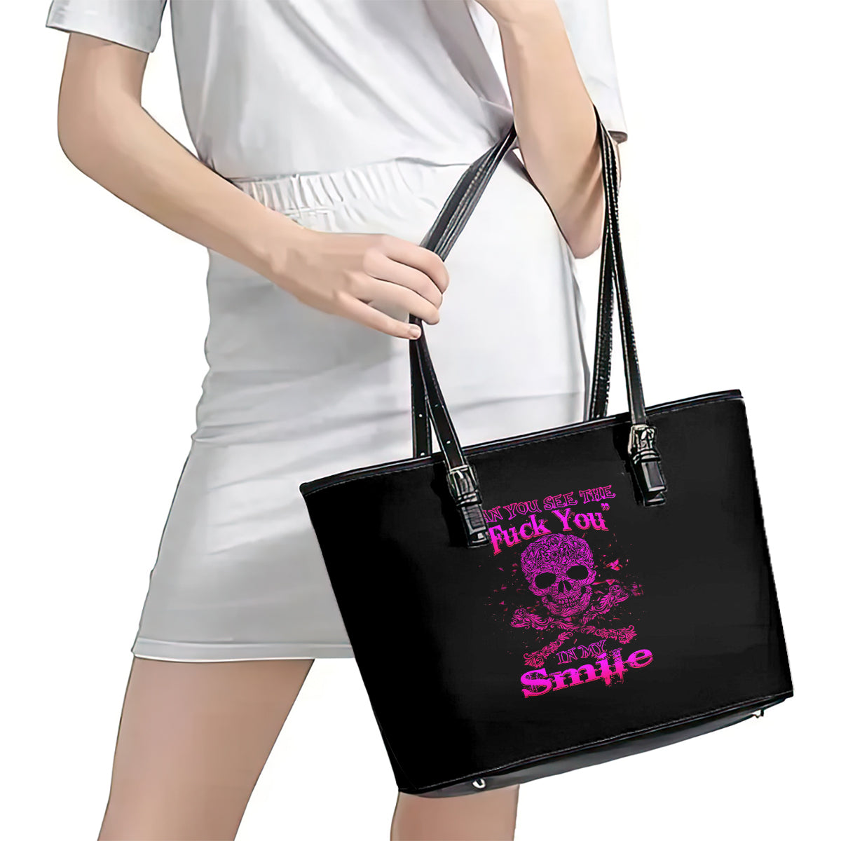 Flower Skull Leather Tote Bag Can You See The Fuck You In My Smile - Wonder Print Shop