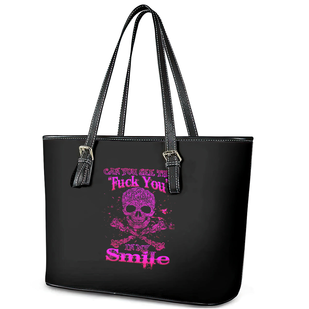 Flower Skull Leather Tote Bag Can You See The Fuck You In My Smile - Wonder Print Shop