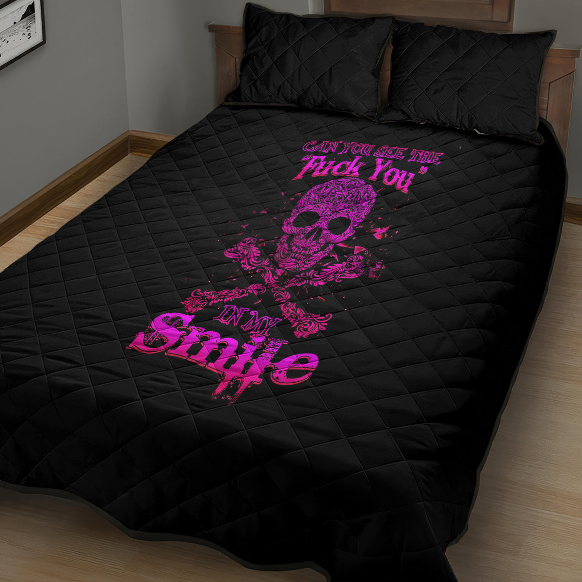 Flower Skull Quilt Bed Set Can You See The Fuck You In My Smile - Wonder Print Shop