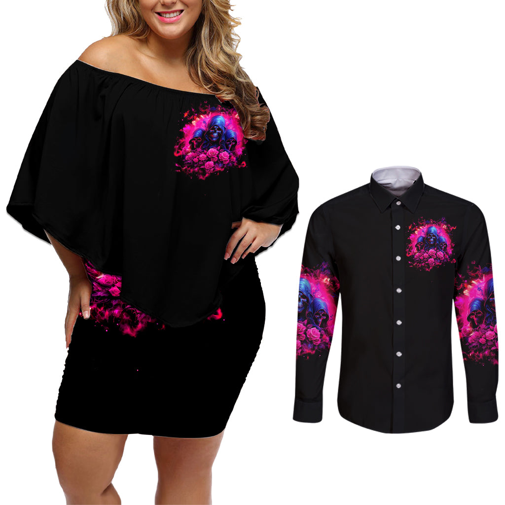 Rose Skull Couples Matching Off Shoulder Short Dress and Long Sleeve Button Shirt I Have 3 Sides And You Never Want To See - Wonder Print Shop