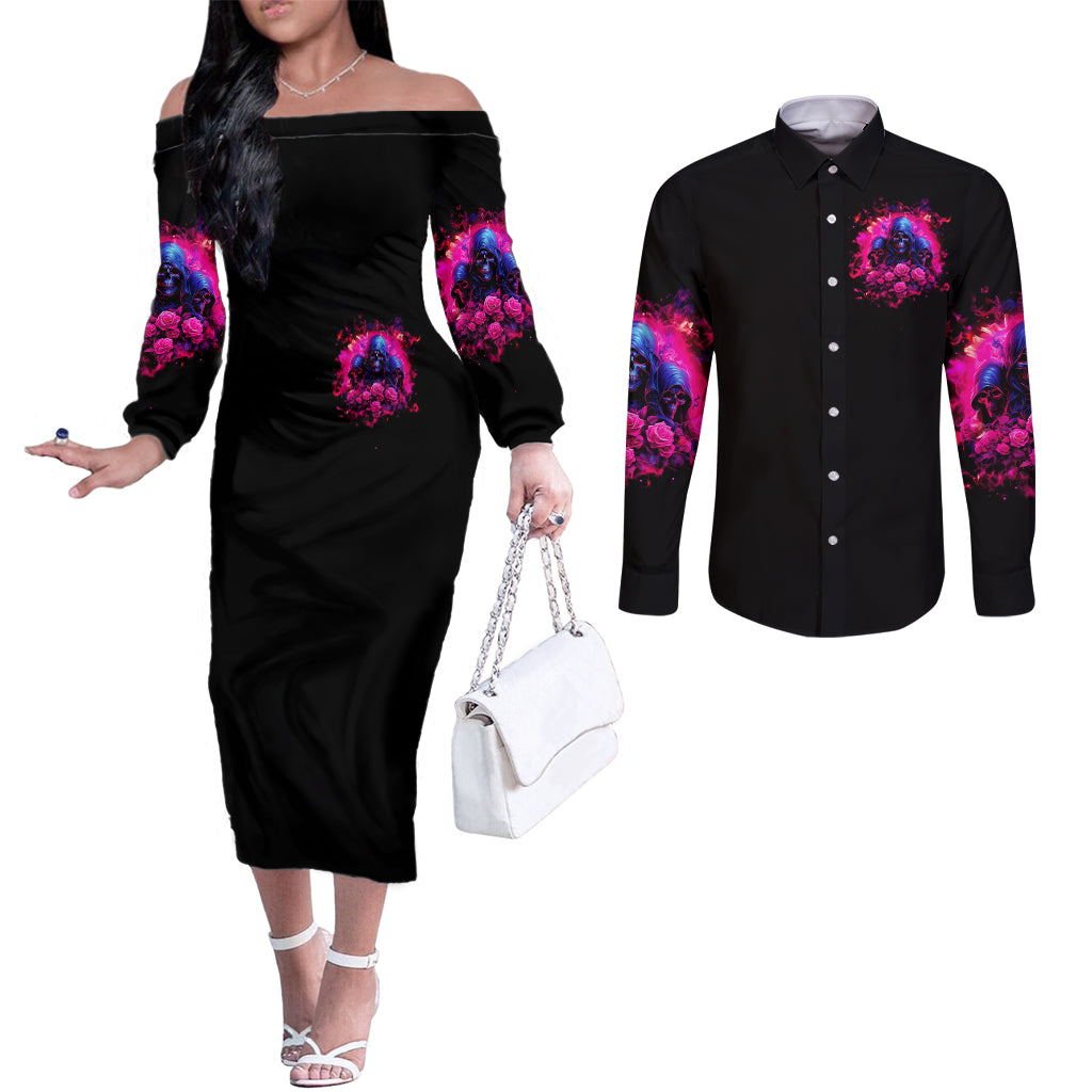Rose Skull Couples Matching Off The Shoulder Long Sleeve Dress and Long Sleeve Button Shirt I Have 3 Sides And You Never Want To See