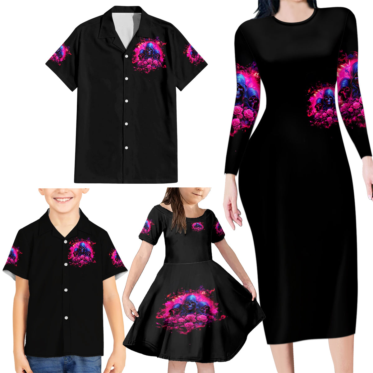Rose Skull Family Matching Long Sleeve Bodycon Dress and Hawaiian Shirt I Have 3 Sides And You Never Want To See - Wonder Print Shop