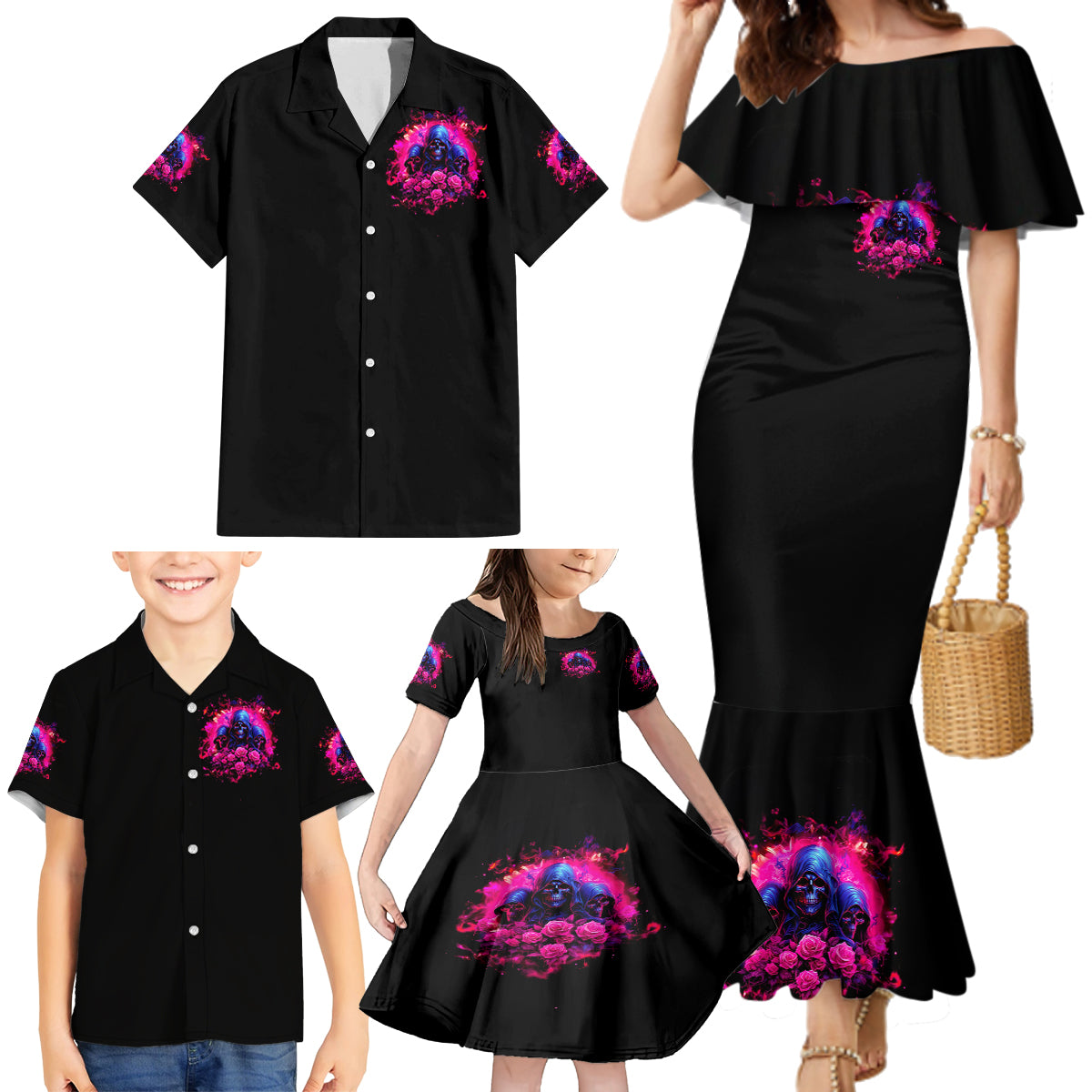 Rose Skull Family Matching Mermaid Dress and Hawaiian Shirt I Have 3 Sides And You Never Want To See - Wonder Print Shop