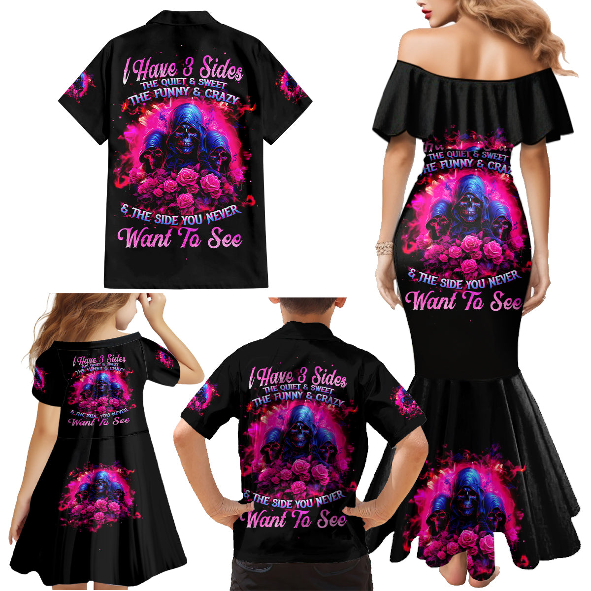 Rose Skull Family Matching Mermaid Dress and Hawaiian Shirt I Have 3 Sides And You Never Want To See - Wonder Print Shop