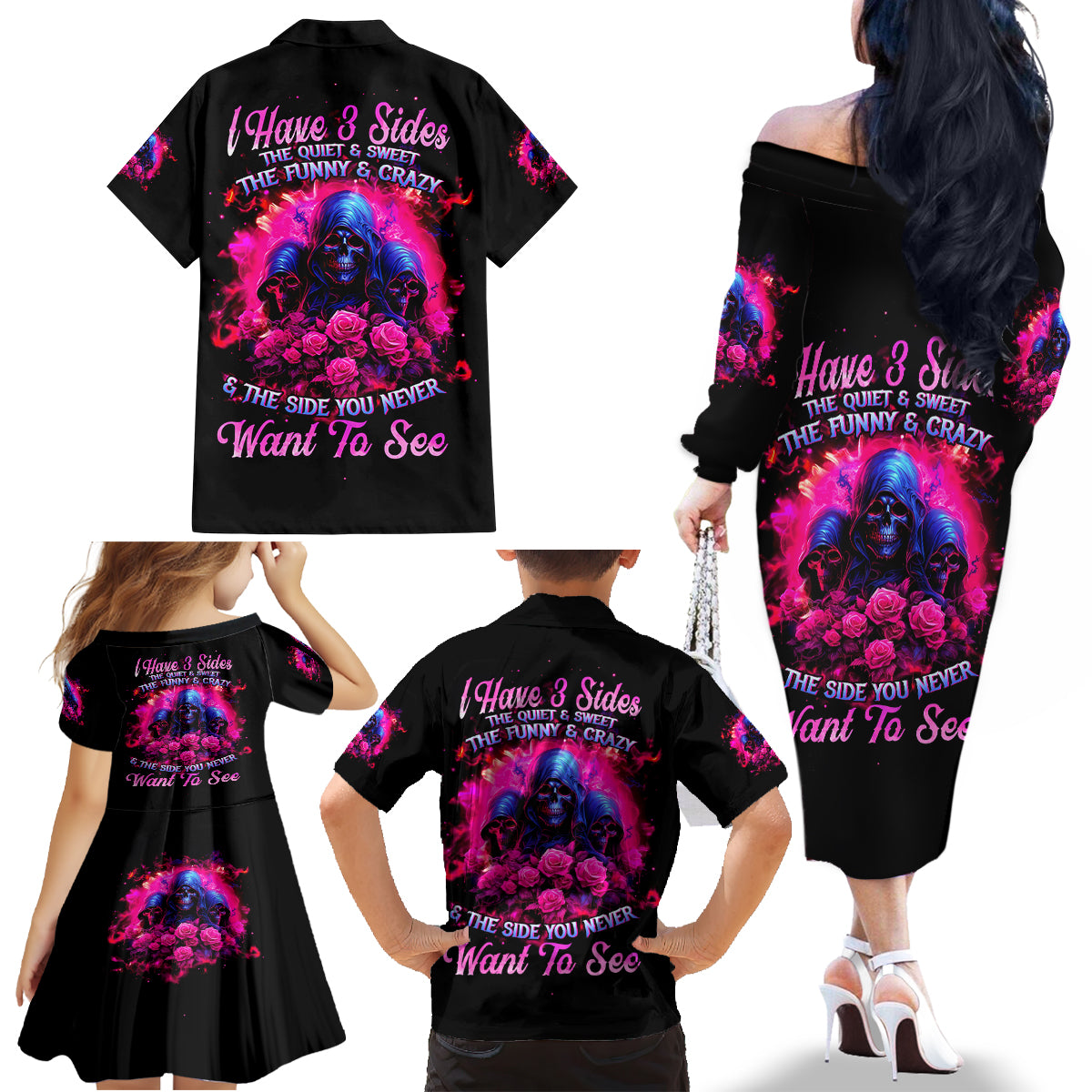 Rose Skull Family Matching Off Shoulder Long Sleeve Dress and Hawaiian Shirt I Have 3 Sides And You Never Want To See - Wonder Print Shop