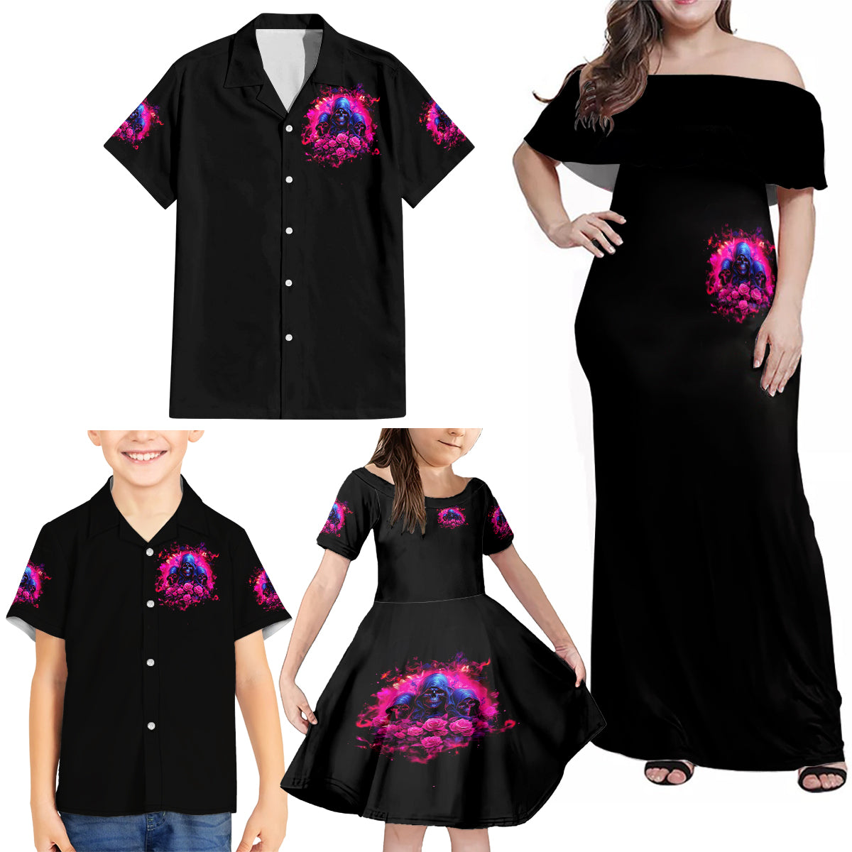 Rose Skull Family Matching Off Shoulder Maxi Dress and Hawaiian Shirt I Have 3 Sides And You Never Want To See - Wonder Print Shop