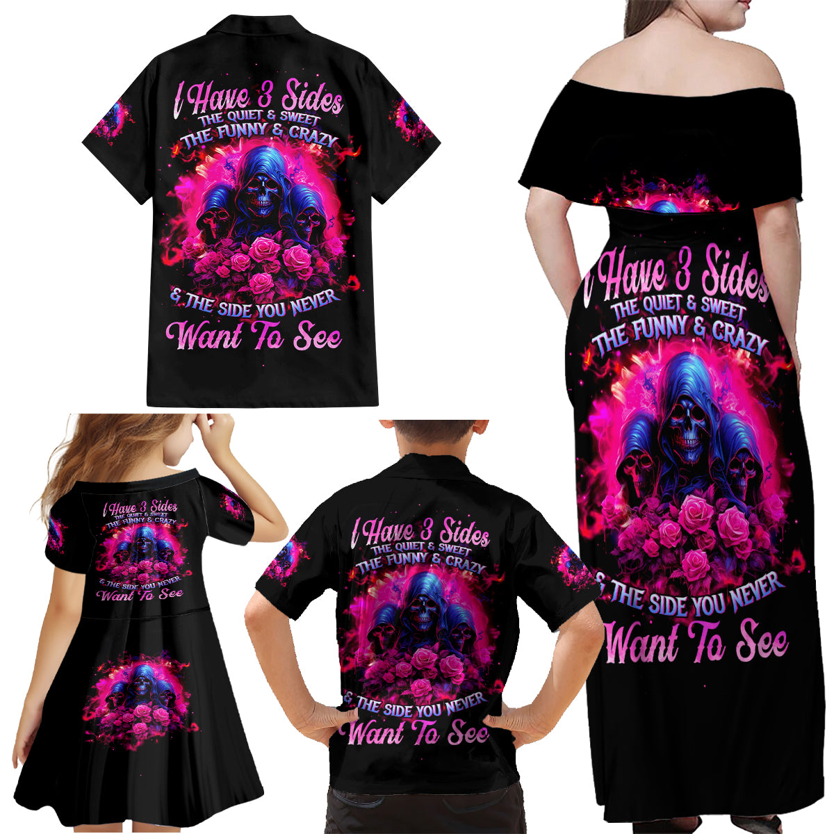 Rose Skull Family Matching Off Shoulder Maxi Dress and Hawaiian Shirt I Have 3 Sides And You Never Want To See - Wonder Print Shop