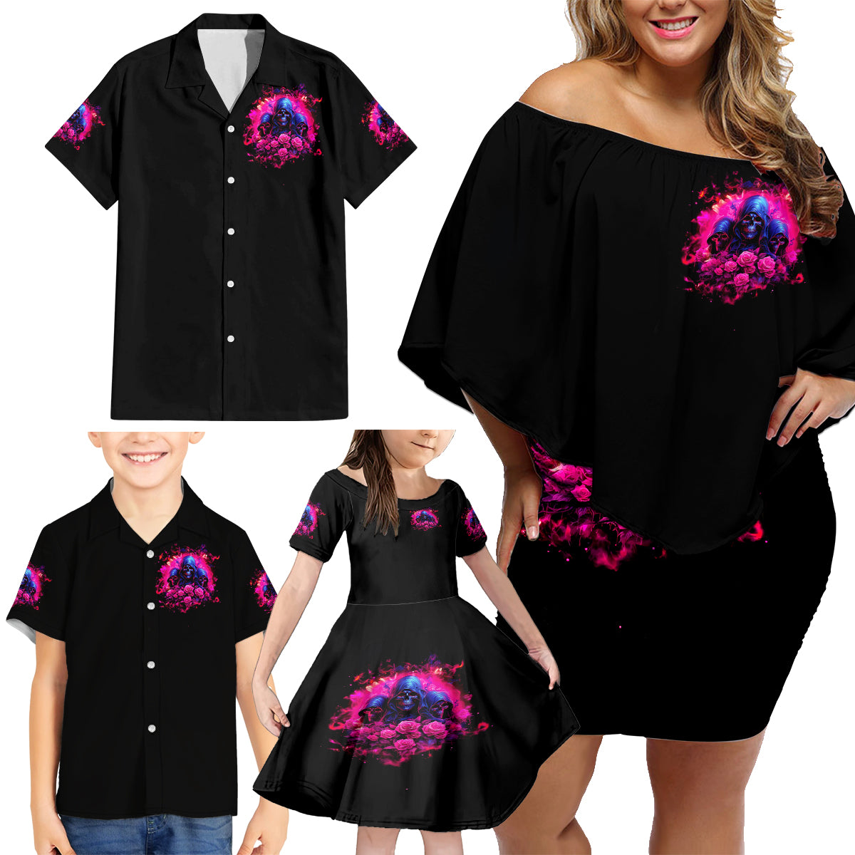 Rose Skull Family Matching Off Shoulder Short Dress and Hawaiian Shirt I Have 3 Sides And You Never Want To See - Wonder Print Shop