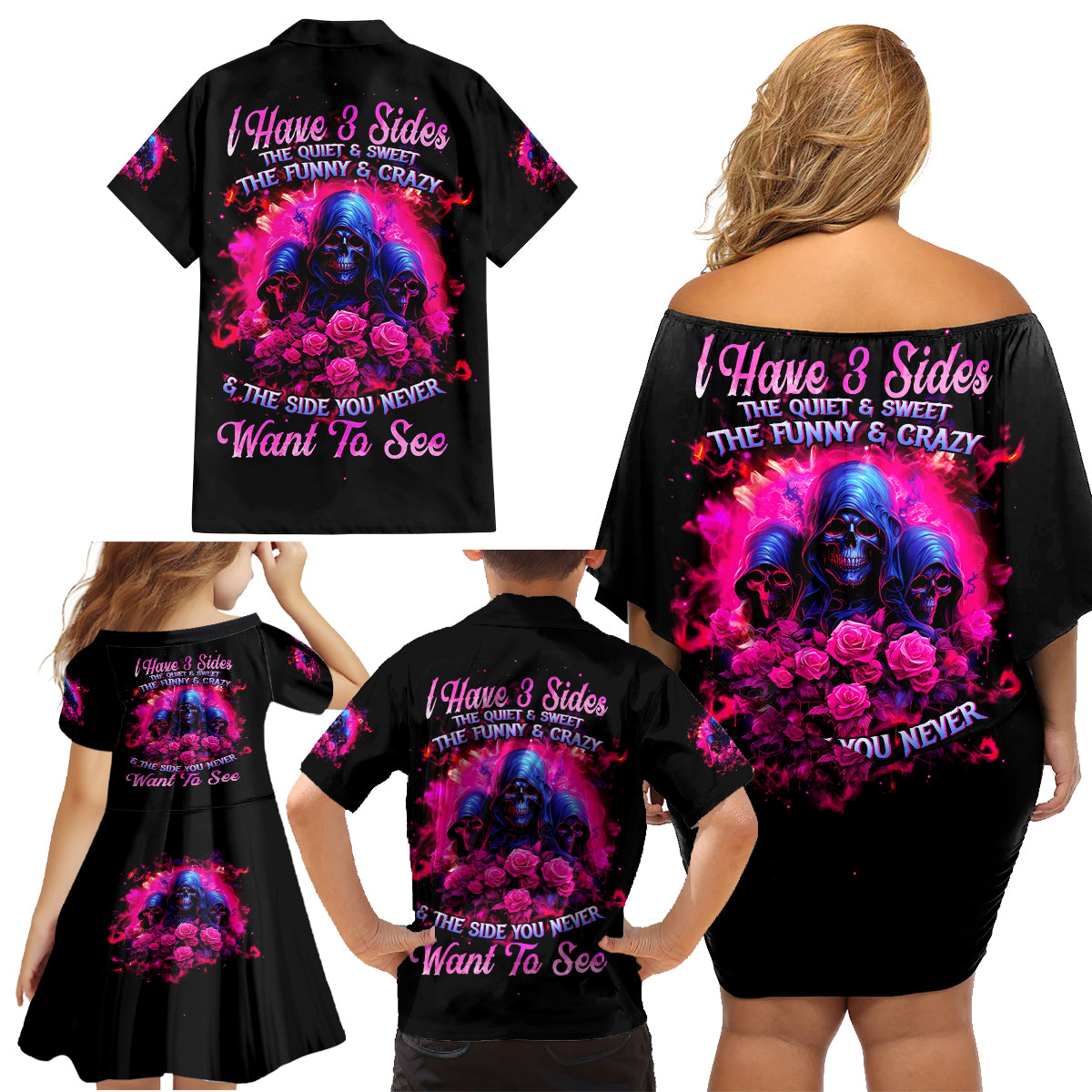 Rose Skull Family Matching Off Shoulder Short Dress and Hawaiian Shirt I Have 3 Sides And You Never Want To See - Wonder Print Shop